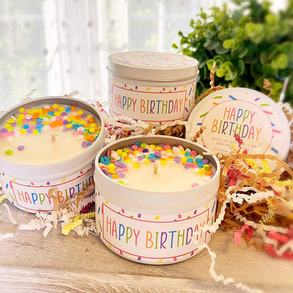 Happy Birthday 6 oz. Hand Poured Candle Tin with Lid Birthday Cake & Vanilla Icing and Sprinkles Fragrance