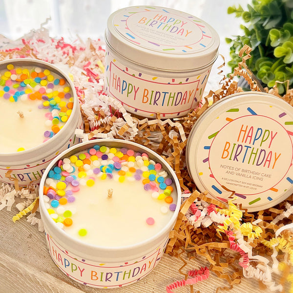 Happy Birthday 6 oz. Hand Poured Candle Tin with Lid Birthday Cake & Vanilla Icing and Sprinkles Fragrance
