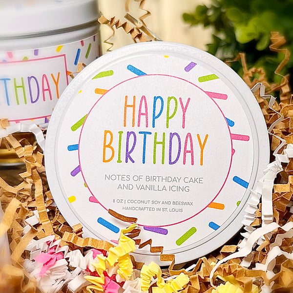 Happy Birthday 6 oz. Hand Poured Candle Tin with Lid Birthday Cake & Vanilla Icing and Sprinkles Fragrance