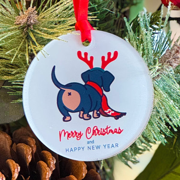 Dachshund Butt Funny Merry Christmas & Happy New Year Ornament with Hanger Round Acrylic