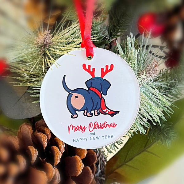 Dachshund Butt Funny Merry Christmas & Happy New Year Ornament with Hanger Round Acrylic