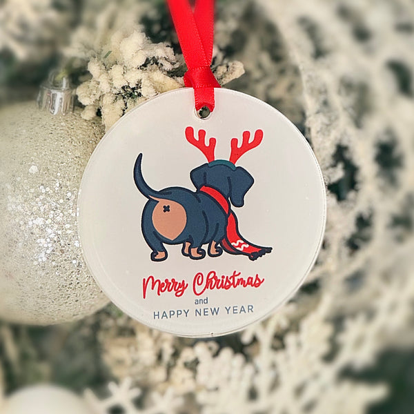 Dachshund Butt Funny Merry Christmas & Happy New Year Ornament with Hanger Round Acrylic