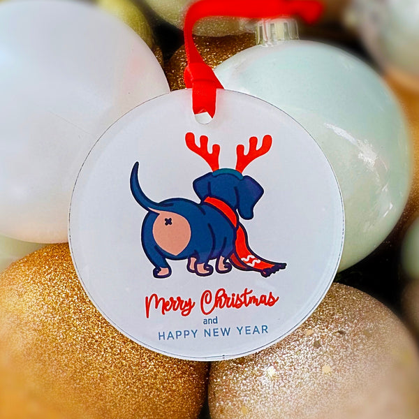 Dachshund Butt Funny Merry Christmas & Happy New Year Ornament with Hanger Round Acrylic