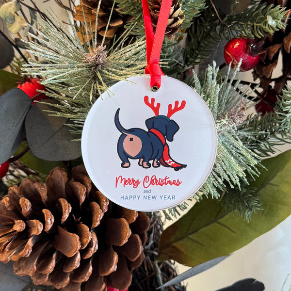 Dachshund Butt Funny Merry Christmas & Happy New Year Ornament with Hanger Round Acrylic