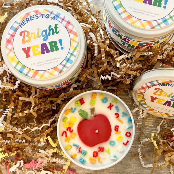 Teachers Light the Path to a Bright Year! 6 oz. Hand Poured Candle Tin & Lid with ABC 123 Sprinkles and Apple Harvest Fragrance