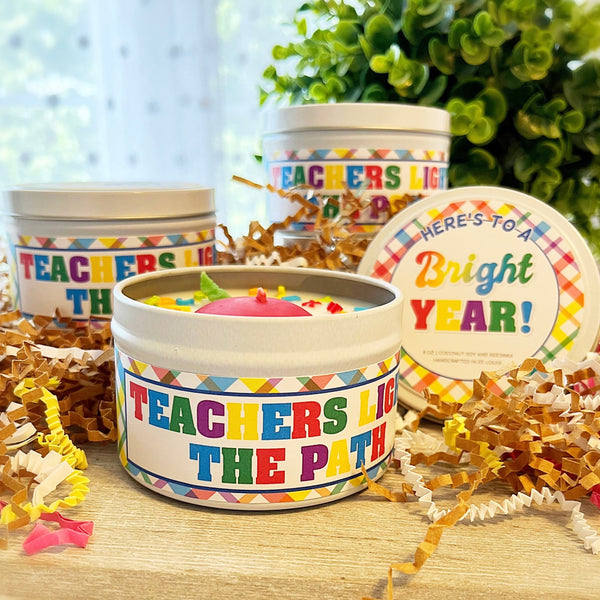 Teachers Light the Path to a Bright Year! 6 oz. Hand Poured Candle Tin & Lid with ABC 123 Sprinkles and Apple Harvest Fragrance