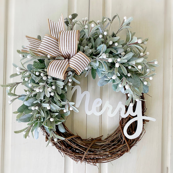Christmas Wreath Winter Holiday Merry Sign with Lambs Ear & Cabana Striped Bow Welcome Farmhouse