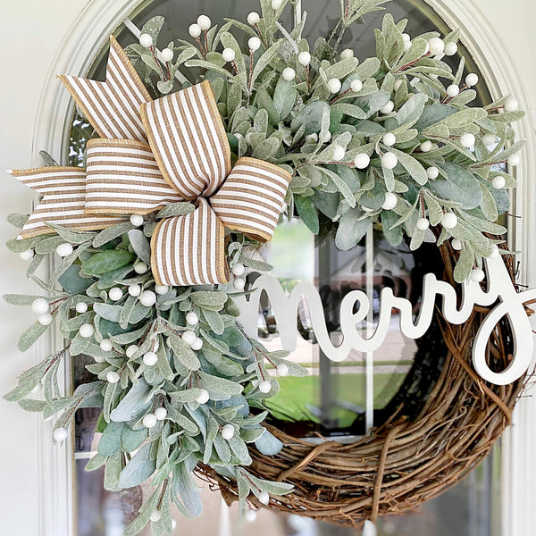 Christmas Wreath Winter Holiday Merry Sign with Lambs Ear & Cabana Striped Bow Welcome Farmhouse