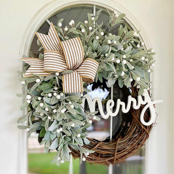 Christmas Wreath Winter Holiday Merry Sign with Lambs Ear & Cabana Striped Bow Welcome Farmhouse