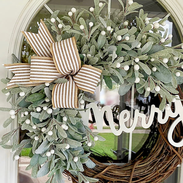 Christmas Wreath Winter Holiday Merry Sign with Lambs Ear & Cabana Striped Bow Welcome Farmhouse