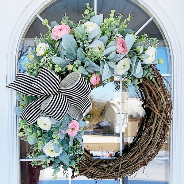 Spring Summer Wreath with Lambs Ear, Eucalyptus, White and Pink Ranunculus Flowers Welcome Front Door