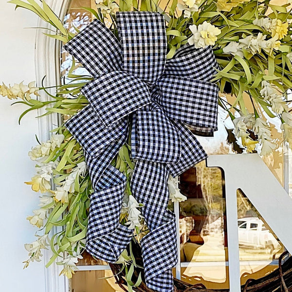 Spring Wreath Monogram with Cream Blossoms & Black and White Checked Ribbon Front Door Farmhouse Cottage Personalized Easter
