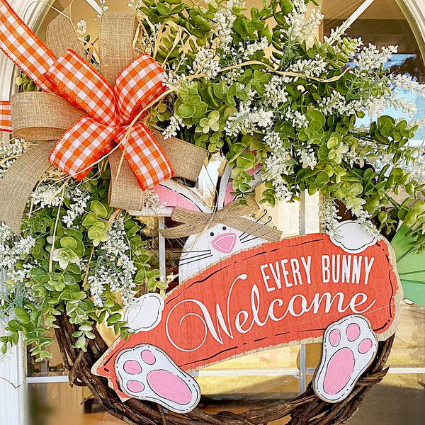 Every Bunny Welcome Easter Wooden Bunny Sign with Burlap & Orange Checked Ribbon