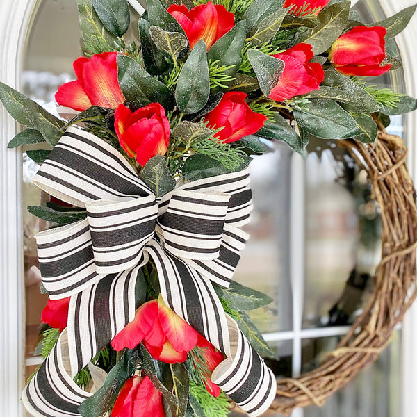Summer Wreath Spring Wreath Everyday with Red Tulips & Black and White Striped Ribbon Welcome Farmhouse Front Door Valentines Day