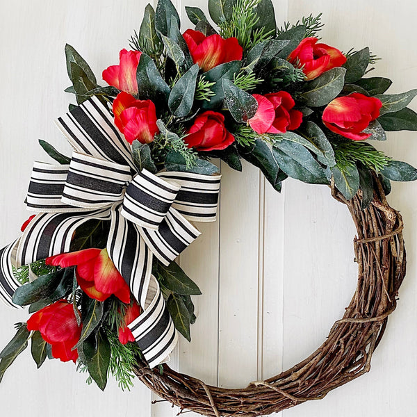 Summer Wreath Spring Wreath Everyday with Red Tulips & Black and White Striped Ribbon Welcome Farmhouse Front Door Valentines Day
