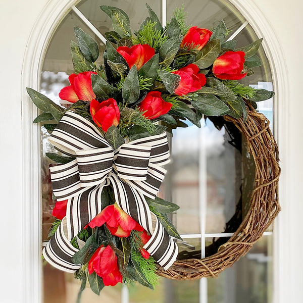Summer Wreath Spring Wreath Everyday with Red Tulips & Black and White Striped Ribbon Welcome Farmhouse Front Door Valentines Day