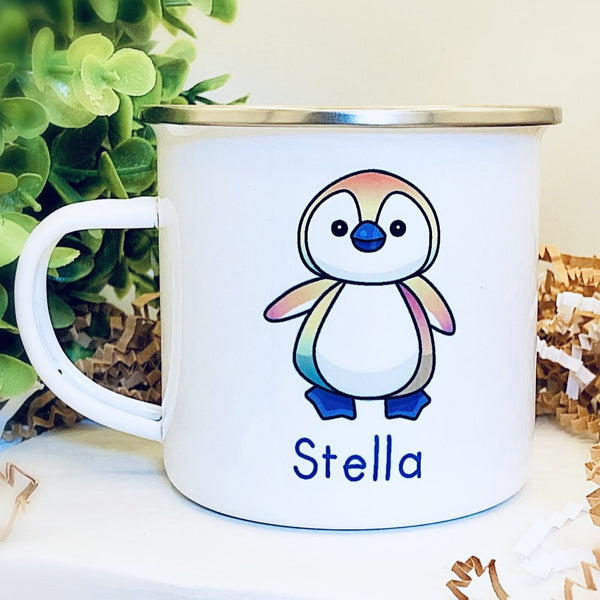 Kids Personalized 12 oz. Stainless Steel & Enamel Camp Mug with Penguin
