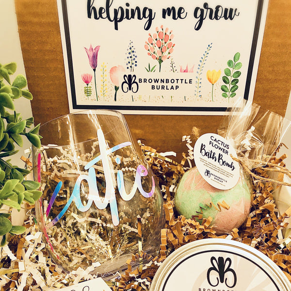 Teacher Gift Box with 12 oz Stemless Plastic Wine Glass, Candle and Bathbomb