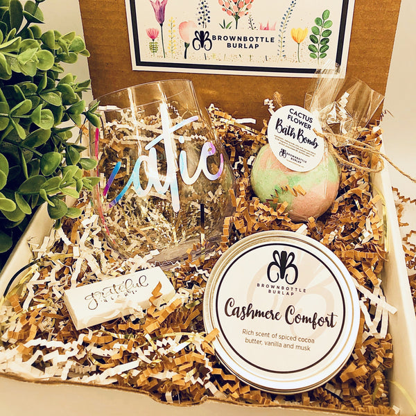 Teacher Gift Box with 12 oz Stemless Plastic Wine Glass, Candle and Bathbomb