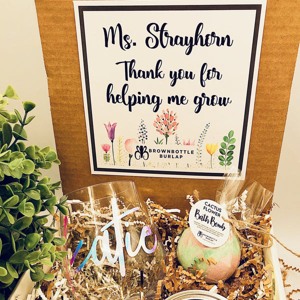 Teacher Gift Box with 12 oz Stemless Plastic Wine Glass, Candle and Bathbomb