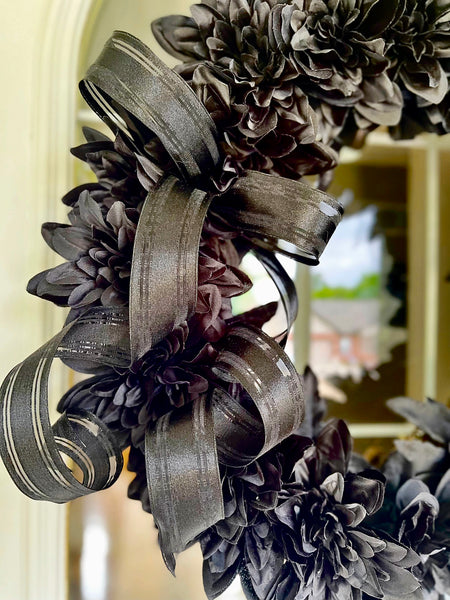 Fall Black Chrysanthemums Mums Noire Halloween Wreath with Black Nylon Ribbon