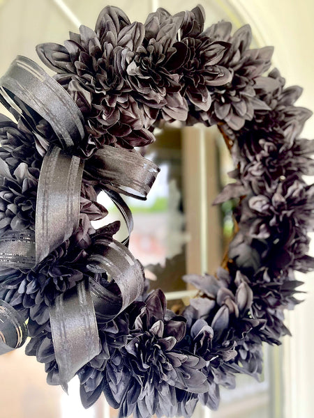Fall Black Chrysanthemums Mums Noire Halloween Wreath with Black Nylon Ribbon