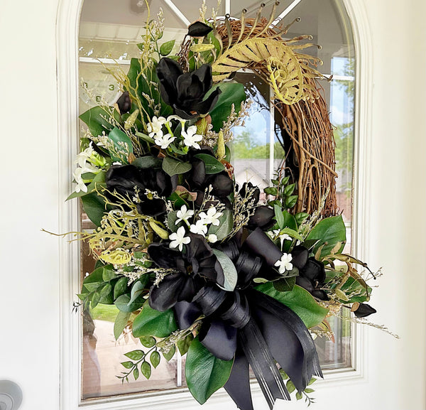 Fall Wreath Oval with Black Magnolias & Fall Leaves White Wildflowers Black Ribbon Welcome Front Door Farmhouse Cottage