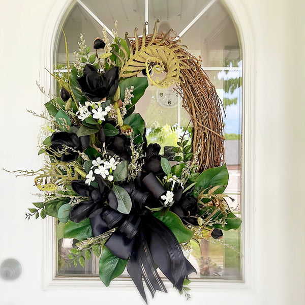 Fall Wreath Oval with Black Magnolias & Fall Leaves White Wildflowers Black Ribbon Welcome Front Door Farmhouse Cottage