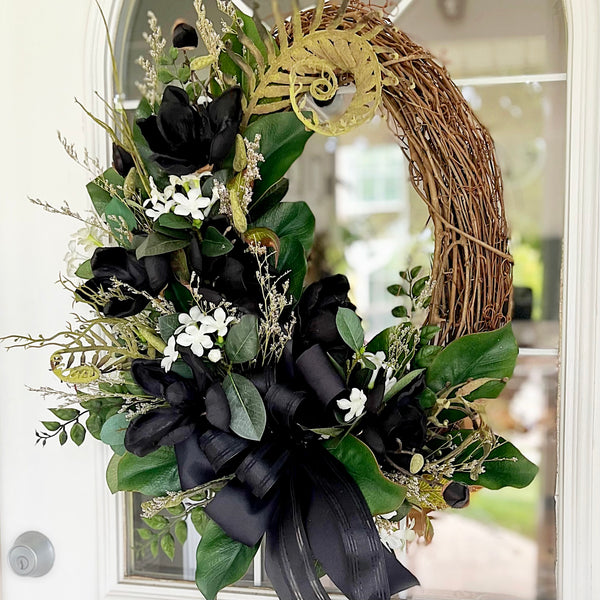 Fall Wreath Oval with Black Magnolias & Fall Leaves White Wildflowers Black Ribbon Welcome Front Door Farmhouse Cottage