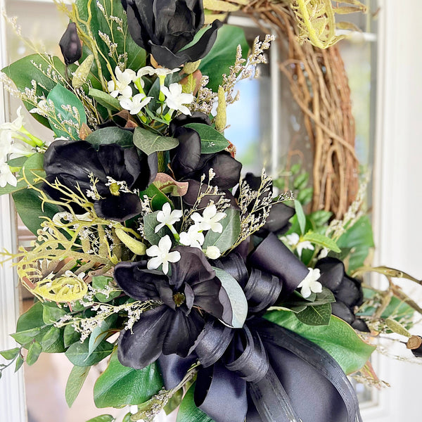 Fall Wreath Oval with Black Magnolias & Fall Leaves White Wildflowers Black Ribbon Welcome Front Door Farmhouse Cottage