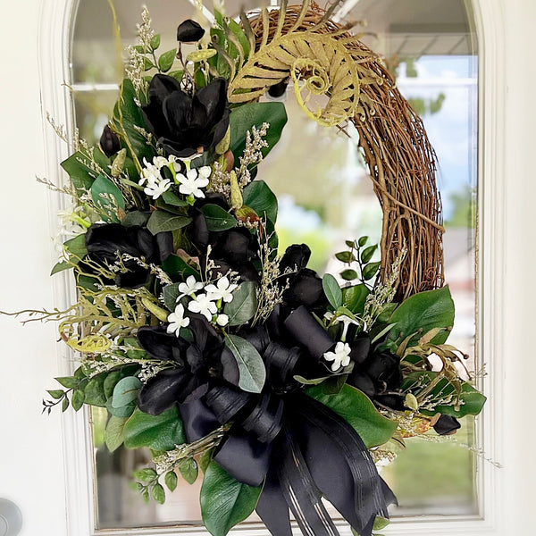 Fall Wreath Oval with Black Magnolias & Fall Leaves White Wildflowers Black Ribbon Welcome Front Door Farmhouse Cottage