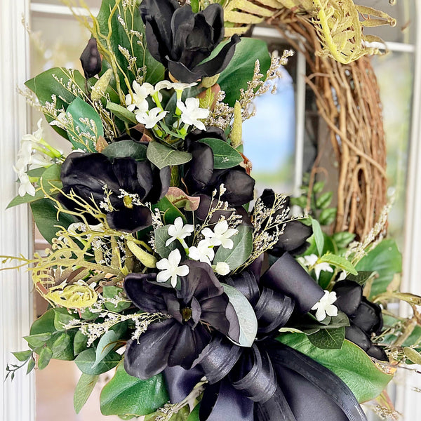 Fall Wreath Oval with Black Magnolias & Fall Leaves White Wildflowers Black Ribbon Welcome Front Door Farmhouse Cottage