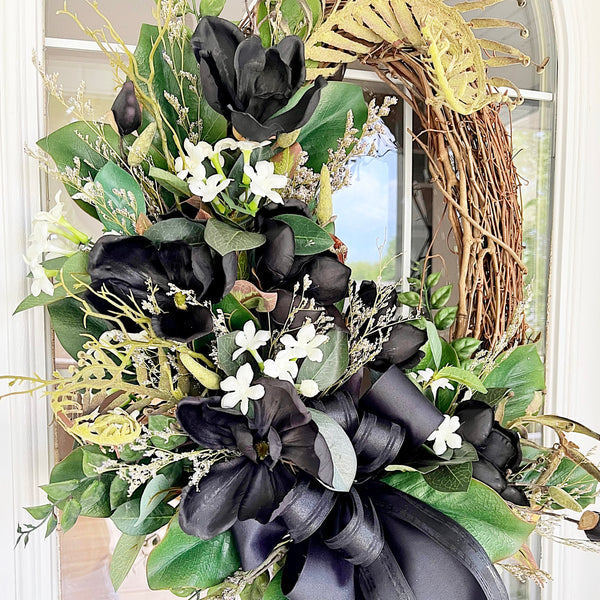 Fall Wreath Oval with Black Magnolias & Fall Leaves White Wildflowers Black Ribbon Welcome Front Door Farmhouse Cottage