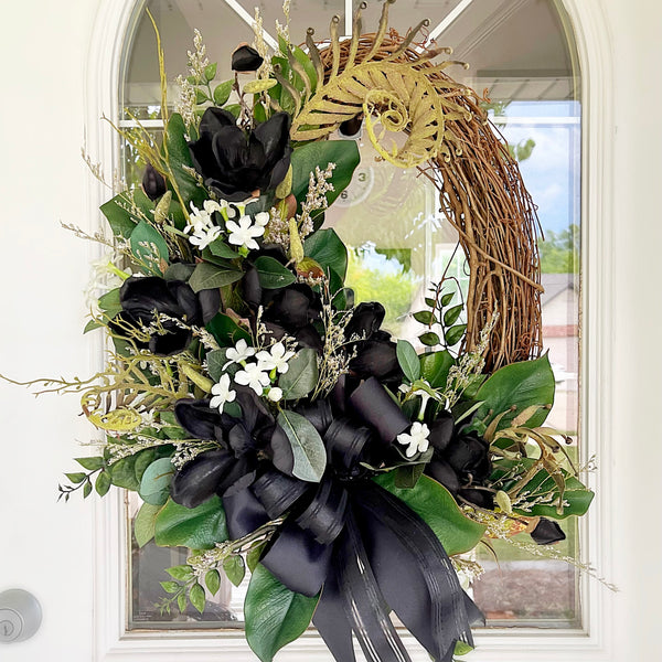Fall Wreath Oval with Black Magnolias & Fall Leaves White Wildflowers Black Ribbon Welcome Front Door Farmhouse Cottage