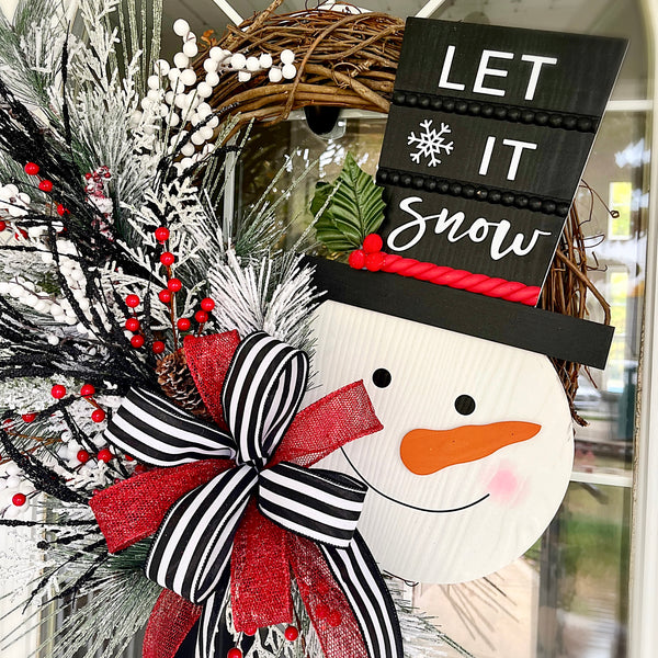 Christmas Wreath Winter Let It Snow Snowman Wooden Sign with Striped Ribbon & Berries Farmhouse Front Door Holiday Gift
