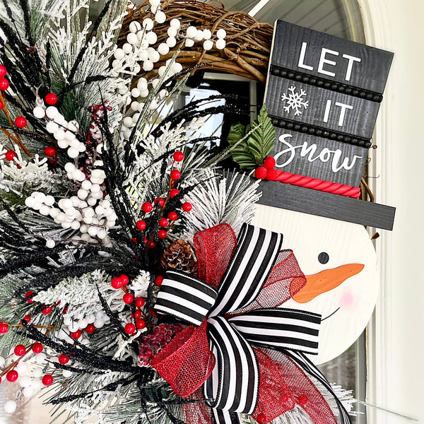Christmas Wreath Winter Let It Snow Snowman Wooden Sign with Striped Ribbon & Berries Farmhouse Front Door Holiday Gift