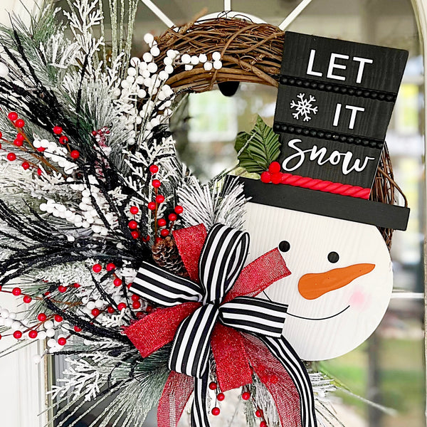 Christmas Wreath Winter Let It Snow Snowman Wooden Sign with Striped Ribbon & Berries Farmhouse Front Door Holiday Gift