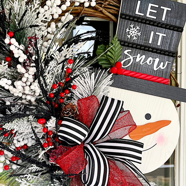 Christmas Wreath Winter Let It Snow Snowman Wooden Sign with Striped Ribbon & Berries Farmhouse Front Door Holiday Gift