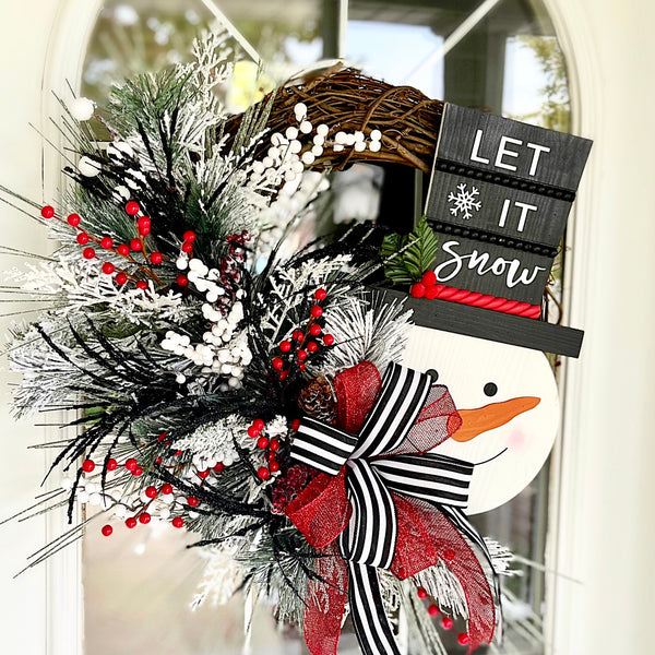Christmas Wreath Winter Let It Snow Snowman Wooden Sign with Striped Ribbon & Berries Farmhouse Front Door Holiday Gift