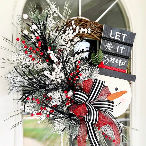 Christmas Wreath Winter Let It Snow Snowman Wooden Sign with Striped Ribbon & Berries Farmhouse Front Door Holiday Gift