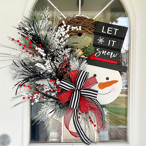 Christmas Wreath Winter Let It Snow Snowman Wooden Sign with Striped Ribbon & Berries Farmhouse Front Door Holiday Gift