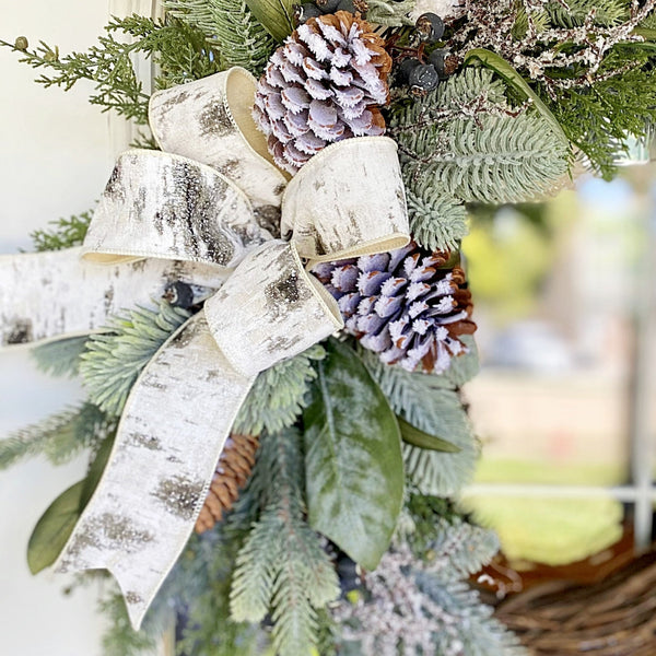 Christmas Winter Neutral Green Pine Berries & Pine Cone Birch Homestead Wreath
