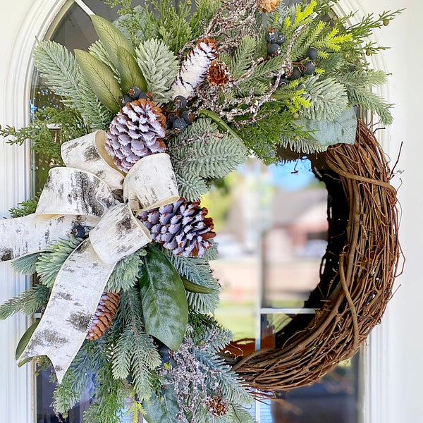 Christmas Winter Neutral Green Pine Berries & Pine Cone Birch Homestead Wreath