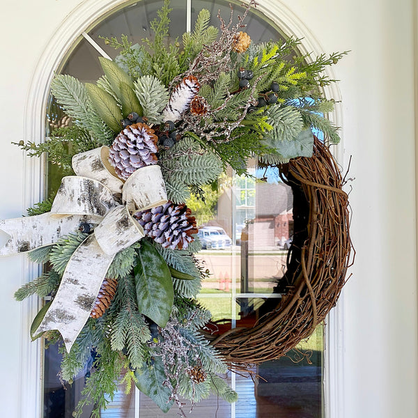 Christmas Winter Neutral Green Pine Berries & Pine Cone Birch Homestead Wreath