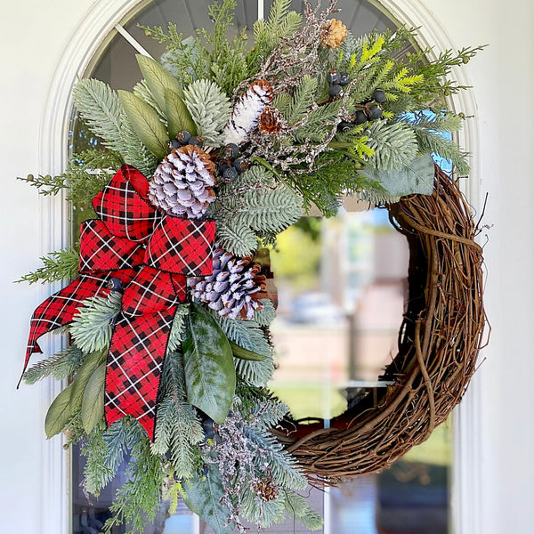 Christmas Winter Neutral Green Pine Berries & Pine Cone Birch Homestead Wreath