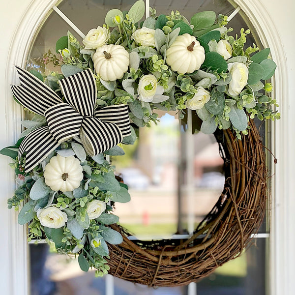 Fall Wreath with Lambs Ear, Eucalyptus, Ranunculus Flowers and White Pumpkins for Welcome Front Door