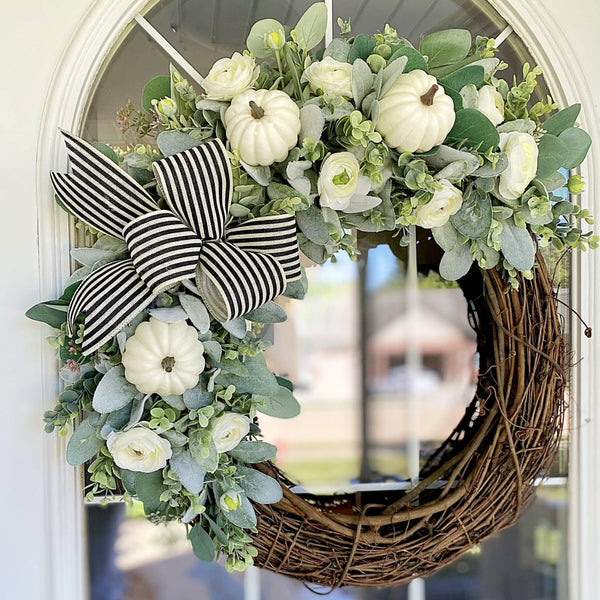 Fall Wreath with Lambs Ear, Eucalyptus, Ranunculus Flowers and White Pumpkins for Welcome Front Door