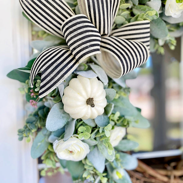 Fall Wreath with Lambs Ear, Eucalyptus, Ranunculus Flowers and White Pumpkins for Welcome Front Door