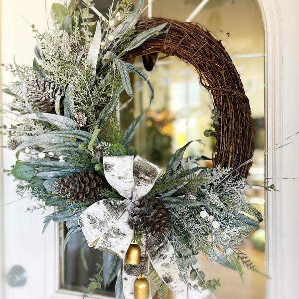 Christmas Winter Wreath Neutral Green Evergreen Pine & Pine Cones with Bells and Berries Farmhouse Decor for Front Door
