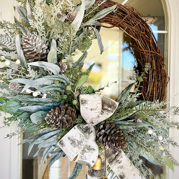 Christmas Winter Wreath Neutral Green Evergreen Pine & Pine Cones with Bells and Berries Farmhouse Decor for Front Door